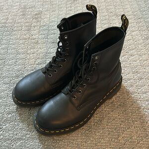 Dr. Martens 1460 black combat boots with yellow stitching